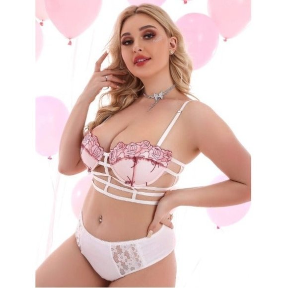 16 Plus Pink Flower Embroidery Hollow Out Underwire Bra 40F,40G,42D,42E,42F,44C, - Picture 3 of 6